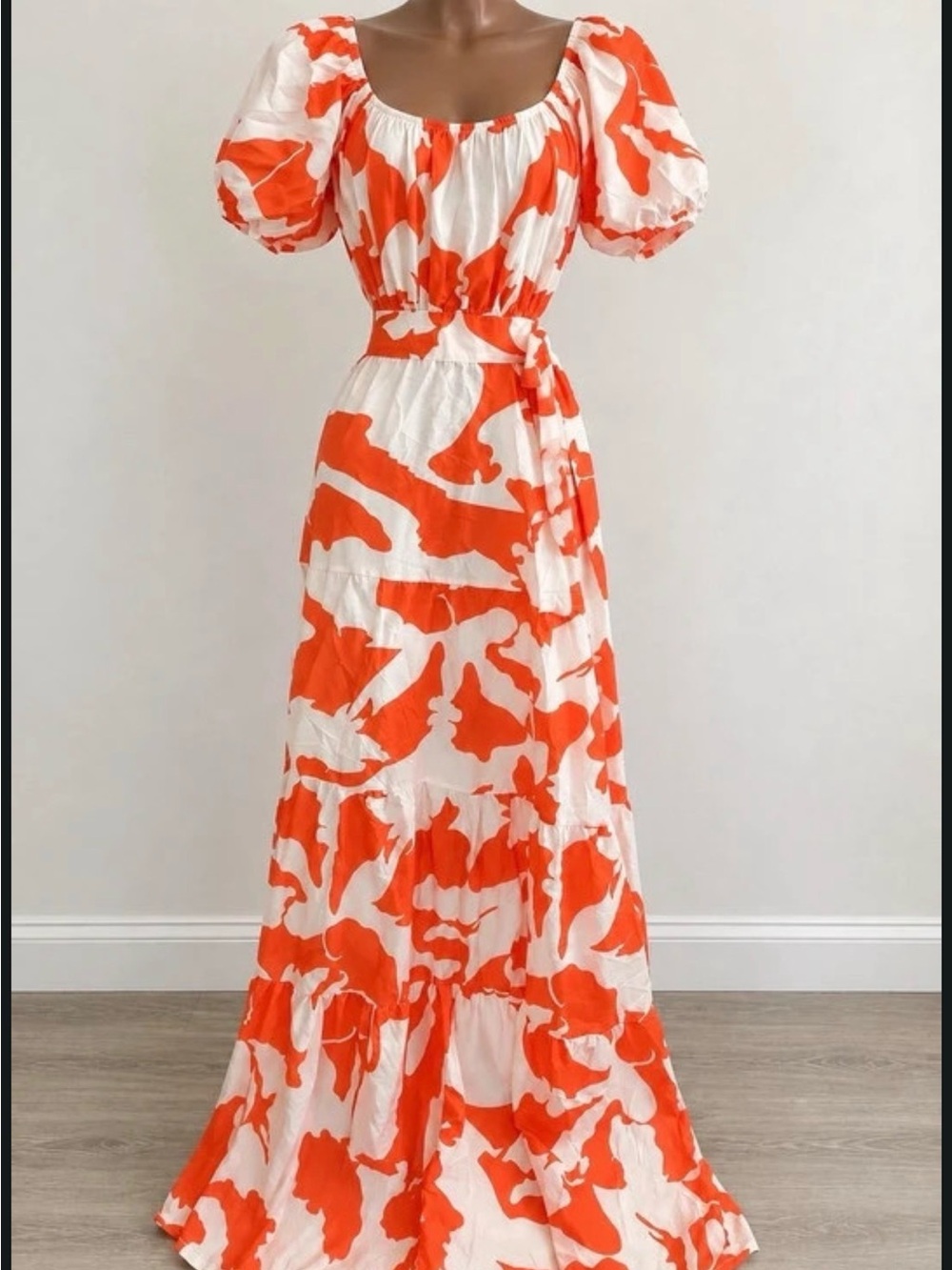 Orange and White Puff Sleeve Maxi Dress with Tie Waist - Women